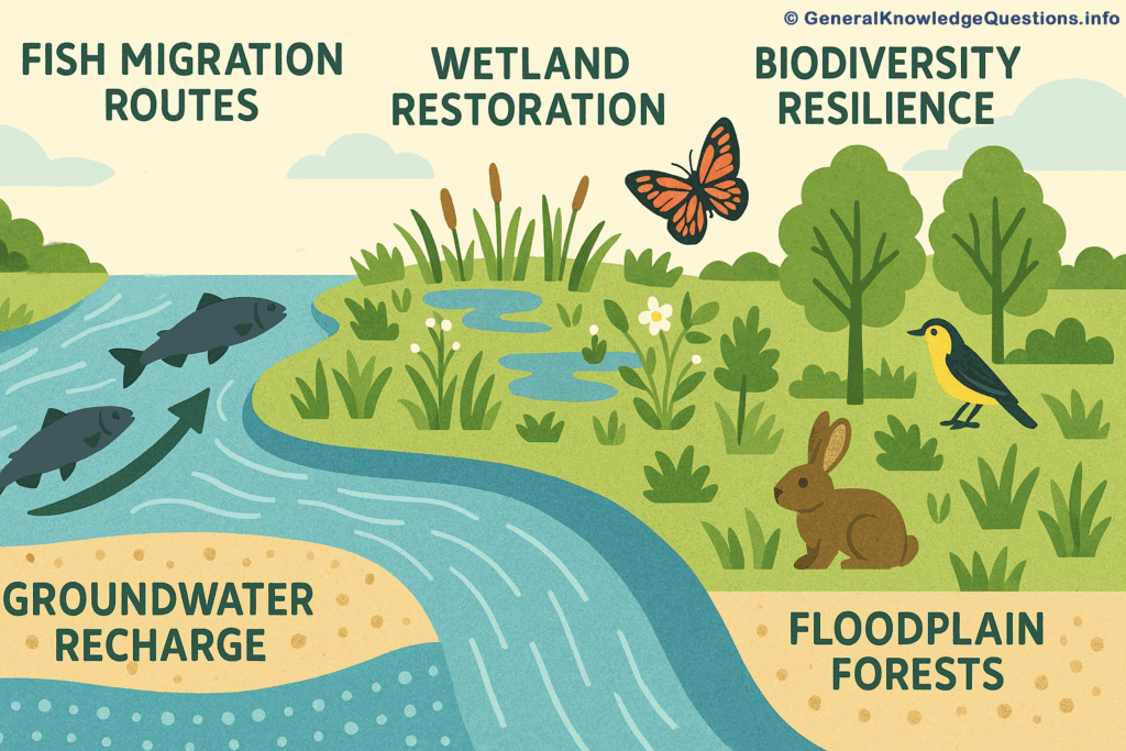 Fish migration routes Wetland restoration Groundwater recharge Floodplain forests Biodiversity resilience Ecological water used to sustain fish migration, restores groundwater, biodiversity food plains etc.