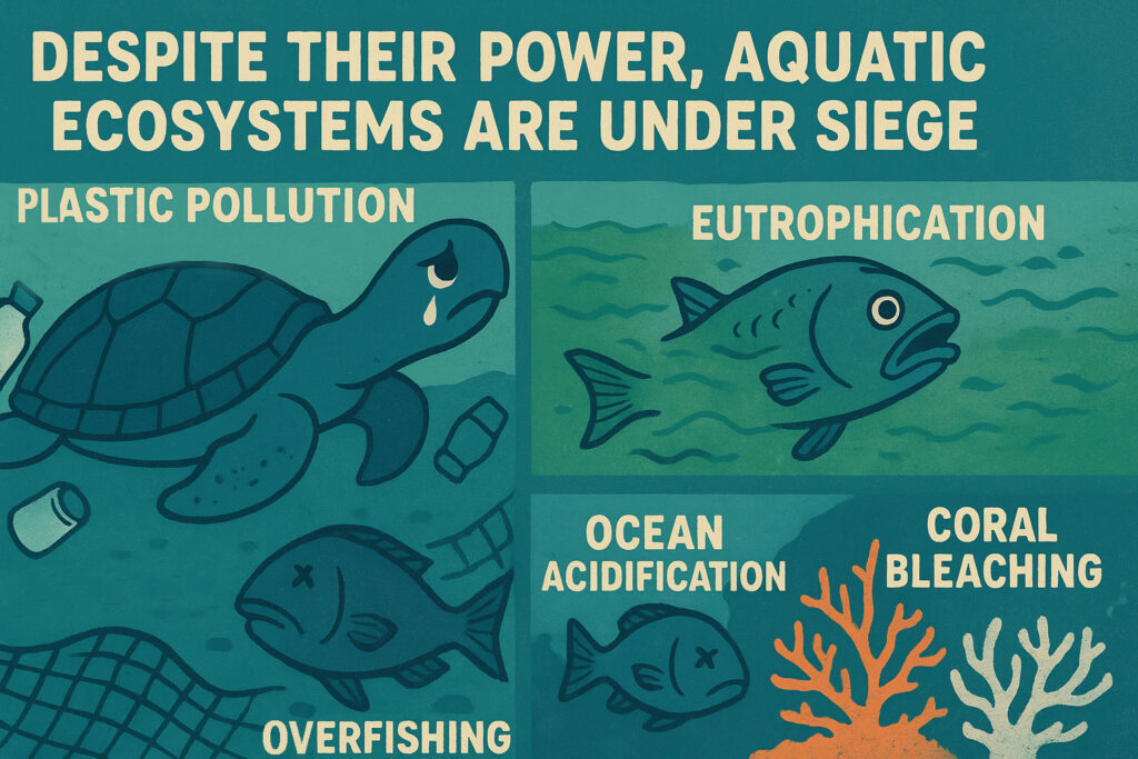 Despite their power, aquatic ecosystems are under siege. Often invisible, their unraveling is far more insidious